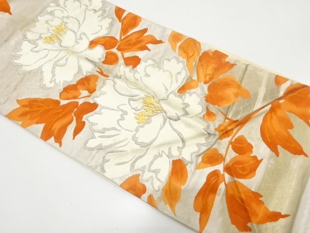 JAPANESE KIMONO / ANTIQUE FUKURO OBI / WOVEN PEONY